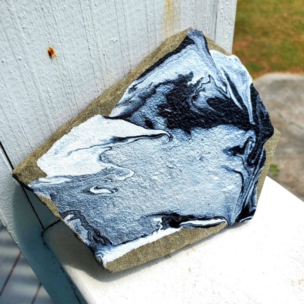 🙏 HAND CRAFTED rock art acrylic pour black silver gray